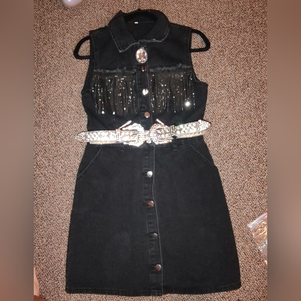 Stylish Black Denim Dress with Rhinestone Accents